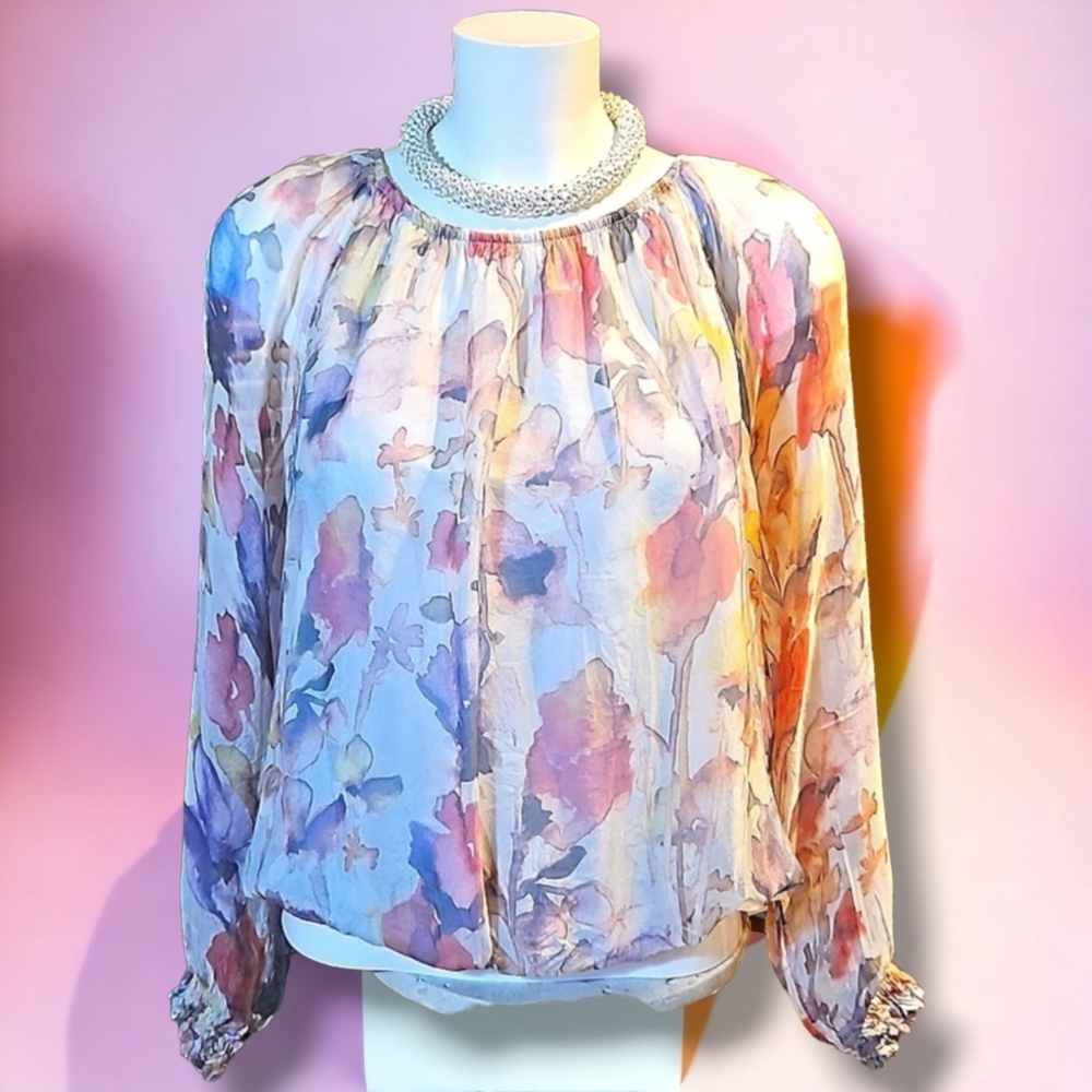 Breezy Silk blouse L / XL, lots of volume, elasticated waist looks great w jeans - Picture 1 of 12